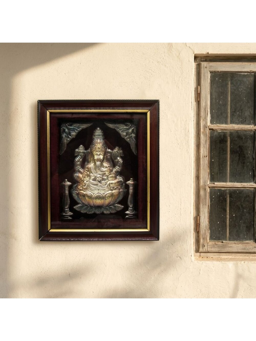 Vintage Framed Ganesha Metal Relief Wall Art Shadow Box 12"